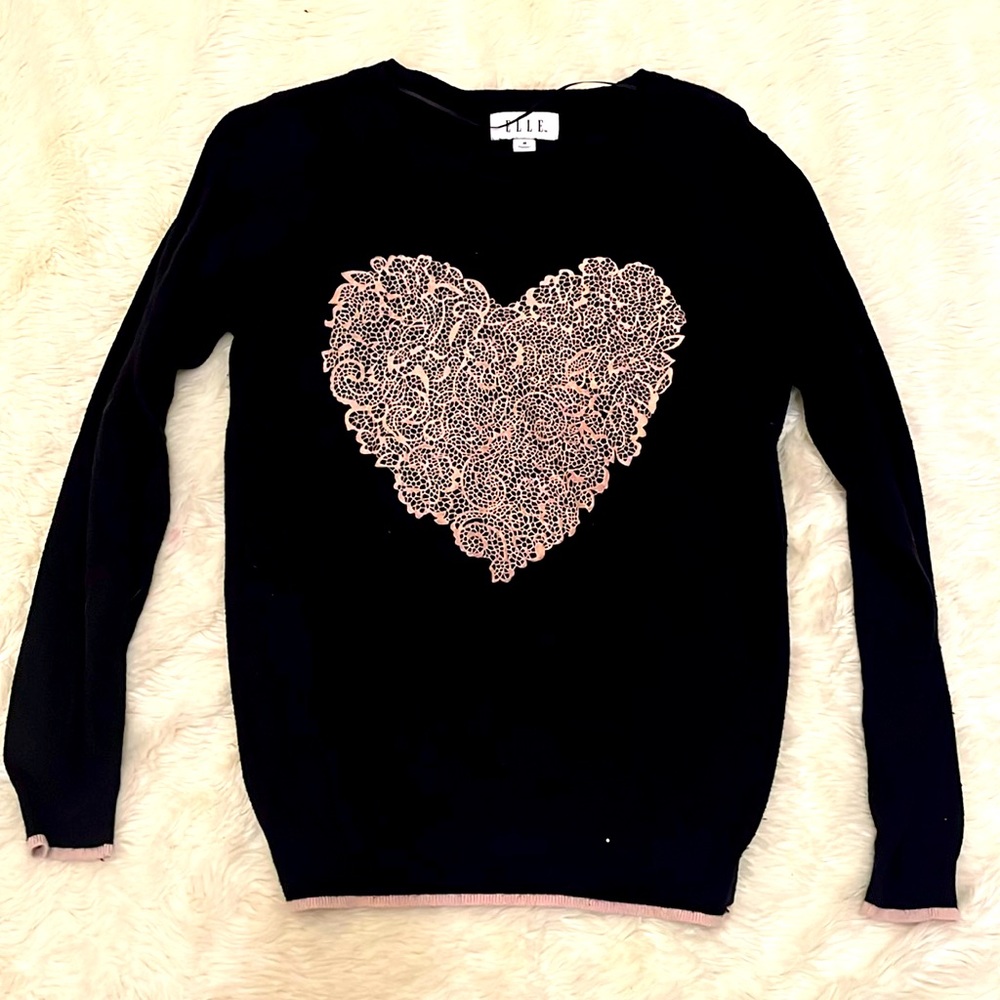 Elle Black Sweater with Pink Heart Lace Motif